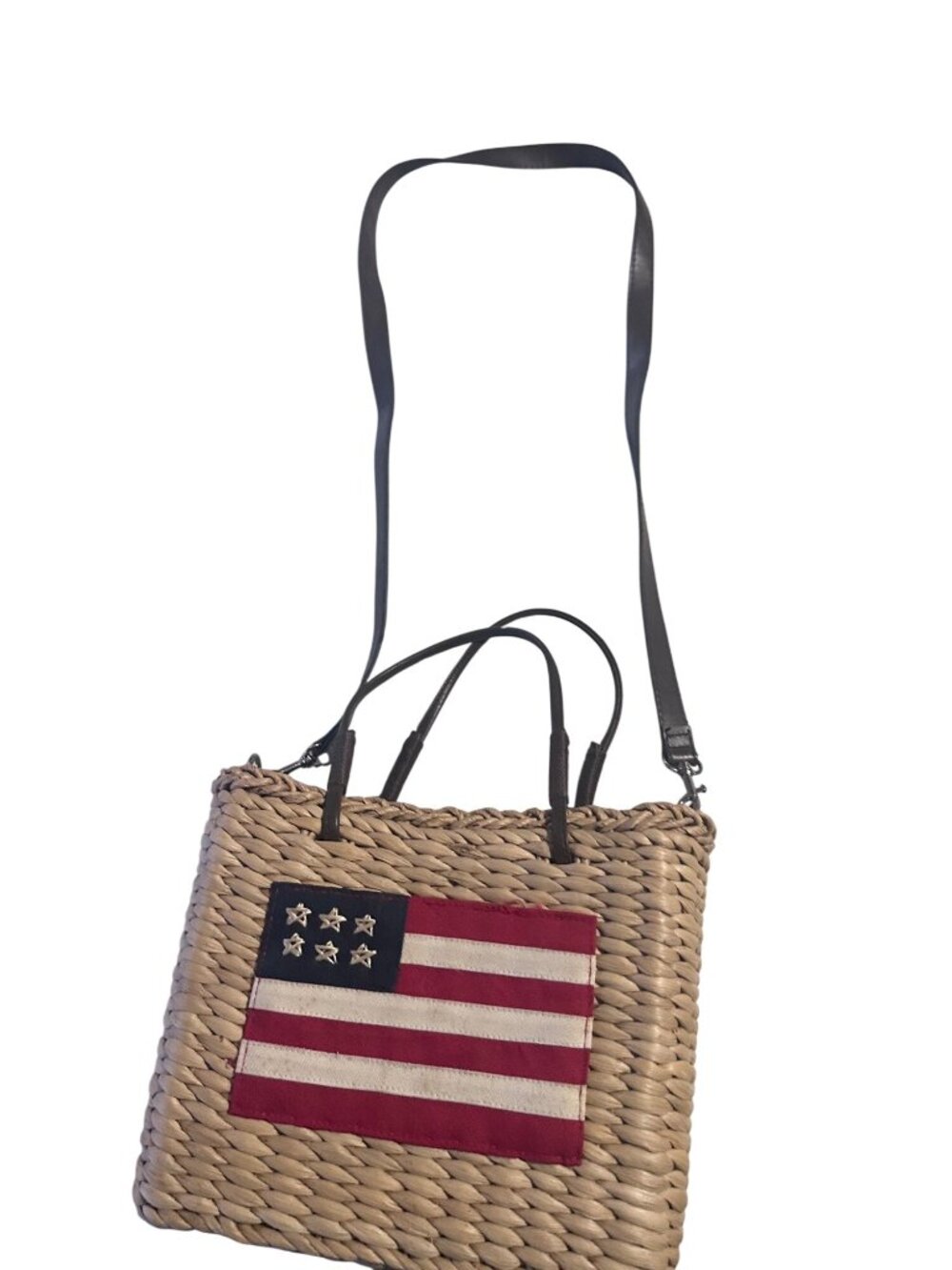 Sonoma  Lifestyles tan woven shoulder bag with American Flag